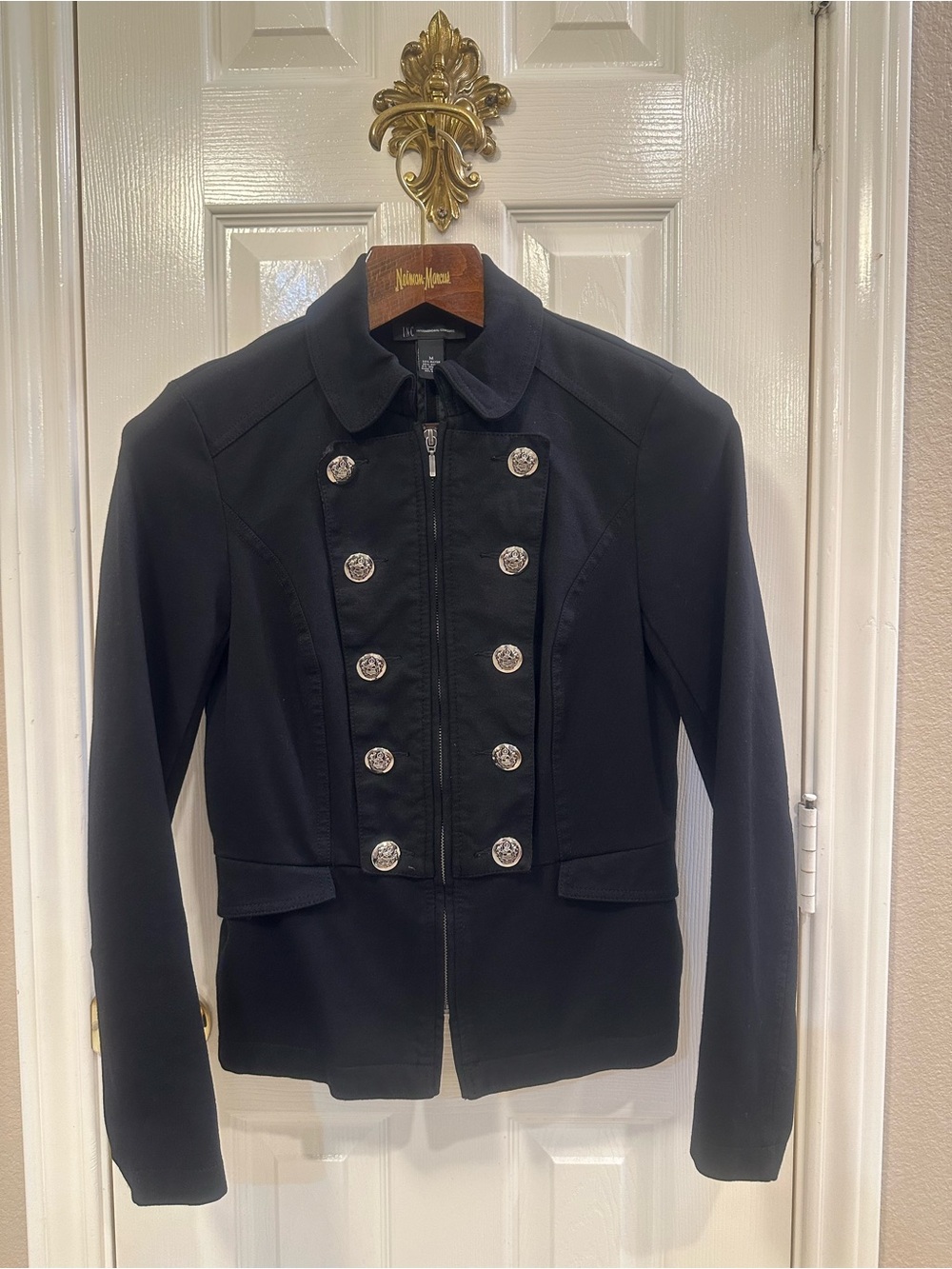 INC Black Double Breasted Style Zip Military Band Jacket Silver Buttons Medium